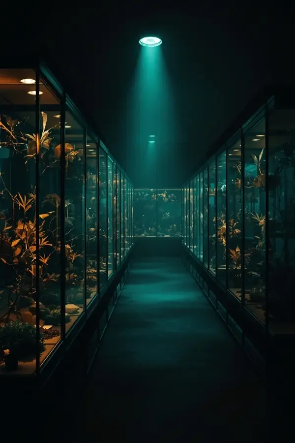 标本馆之夜 - 免费电影网 惊悚电影标本馆之夜海报,夜色中昏暗的植物标本陈列厅与冷光